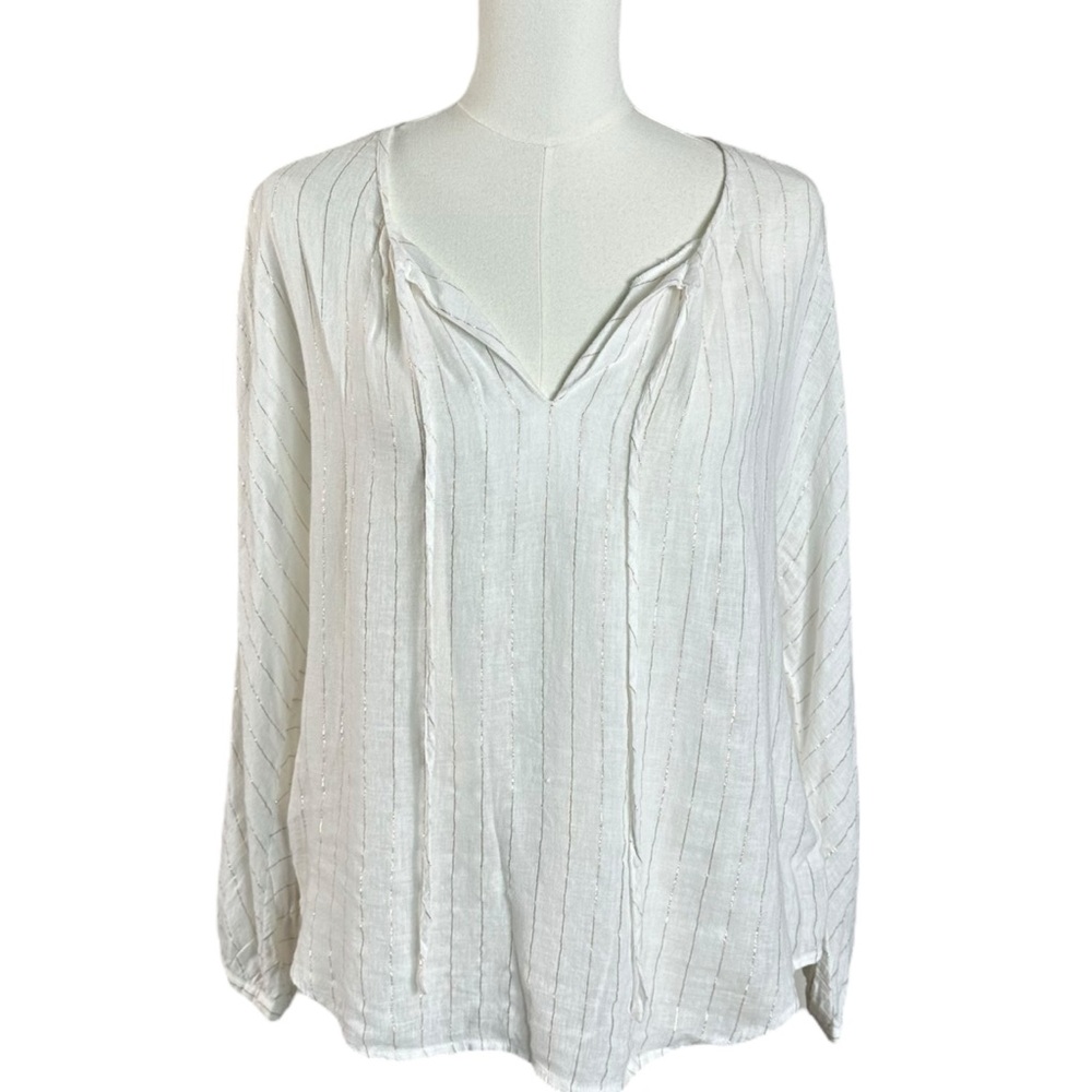 Rails Finn Linen Blouse in Rose Gold Stripe Size Small Metallic White Billowy